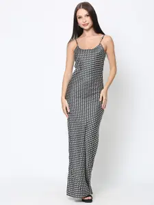 DRIRO Black & White Printed Satin Bodycon Dress