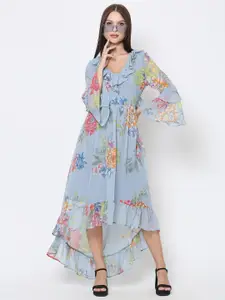 DRIRO Blue & Yellow Floral Printed Georgette A-Line Maxi Dress