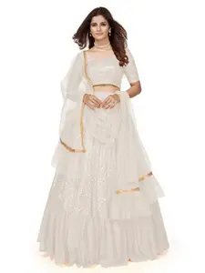 ODETTE White & Gold-Toned Embellished Semi-Stitched Lehenga & Unstitched Blouse With Dupatta