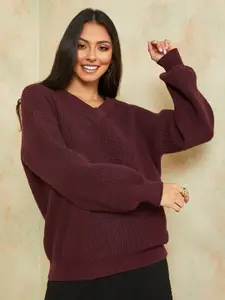 Styli Women Purple Oversized V Neck Knitted Regular Length Sweater