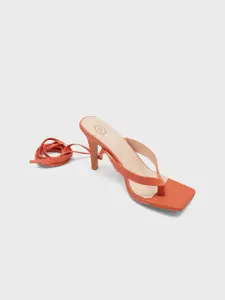 20Dresses Women Orange Square Toe Tie Up Stiletto Heels