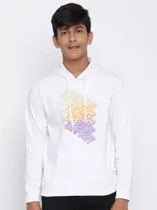 Lil Tomatoes Boys White Fleece Printed Hooded Sweatshirt