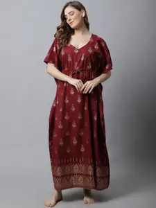 Secret Wish Maroon Ethnic Printed Kaftan Nightdress