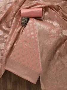 Koskii Peach-Coloured & Gold-Toned Art Silk Unstitched Dress Material