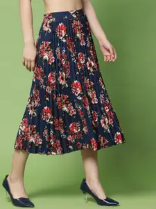 KASSUALLY Women Blue & Red Printed Pleated Midi Skirts