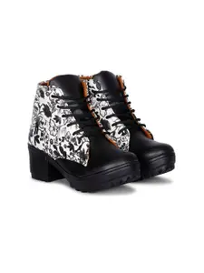 Krafter Women Black & White Printed Synthetic Leather Casual Boots