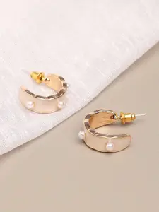 SOHI Women Gold-Toned & White Contemporary Half Hoop Earrings