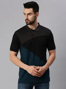 PEPPYZONE Men Grey & Black Colourblocked Polo Collar Cotton T-shirt
