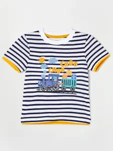 Juniors by Lifestyle Boys White & Navy Blue Striped Pure Cotton T-shirt