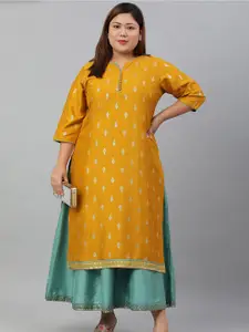 XL LOVE by Janasya Women Mustard Poly Silk Foil Print A-line Ethnic Dress
