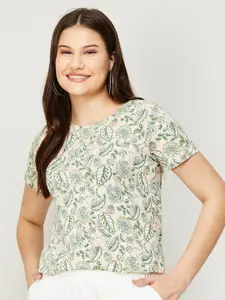 Colour Me by Melange Women Beige & Green Floral Printed Round Neck Top