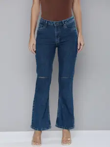 Flying Machine Women Blue Straight Fit High-Rise Slash Knee Light Fade Stretchable Jeans