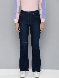 Flying Machine Women Blue Straight Fit Slash Knee Mid Rise Light Fade Stretchable Jeans