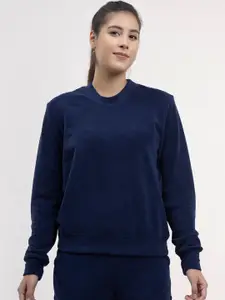 FableStreet Women Navy Blue Solid Velour Sweatshirt