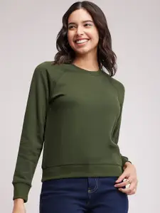 FableStreet Women Olive Green Solid Cotton Sweatshirt