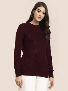 FableStreet Women Maroon Ribbed Pullover Sweater