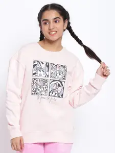 Lil Tomatoes Girls Peach-Coloured Graphic Printed Minnie Mouse Sweatshirt