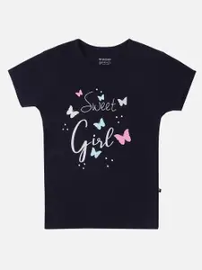 PROTEENS Girls Navy Blue Graphic Printed Cotton T-shirt