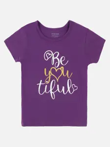 PROTEENS Girls Purple Typography Printed Cotton T-shirt