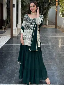 Libas Women Green Floral Embroidered Thread Work Kurti with Skirt & With Dupatta
