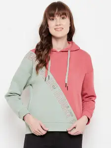 Madame Women Green & Coral Colourblocked Hooded Sweatshirt