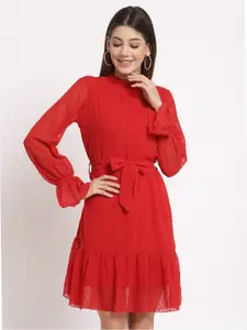 aayu Red Georgette High Neck A-Line Dress