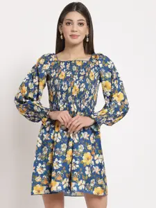 aayu Blue & Yellow Floral Printed Crepe A-Line Dress