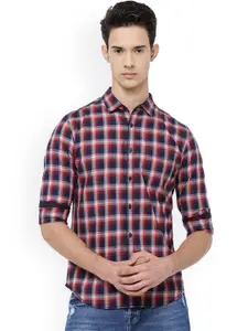 LOCOMOTIVE Men Navy & Red Slim Fit Checked Casual Shirt