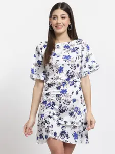 aayu White & Blue Floral Printed Crepe A-Line Dress