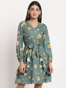 aayu Women Green & Yellow Floral Crepe Dress