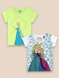 Kids Ville Girls Pack Of 2 White & Green Frozen Printed Pure Cotton T-shirts