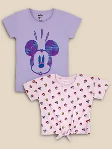 Kids Ville Girls Pack Of 2 Pink & Purple Mickey Mouse Printed Pure Cotton T-shirts