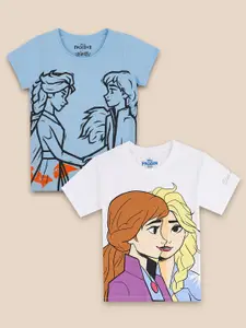 Kids Ville Girls Pack Of 2 White & Blue Frozen Printed Pure Cotton T-shirts