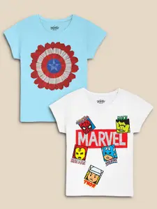 Kids Ville Girls Pack Of 2 White & Blue Marvel Comics Printed Pure Cotton T-shirts