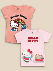 Kids Ville Girls Pack Of 2 Peach-Coloured & Pink Hello Kitty Printed Pure Cotton T-shirts