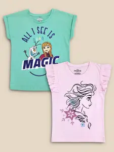 Kids Ville Girls Pack Of 2 Sea Green & Pink Frozen Printed Pure Cotton T-shirt