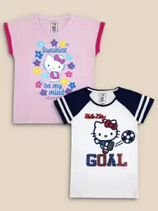 Kids Ville Girls Pack Of 2 Purple & White Hello Kitty Printed Pure Cotton T-shirt