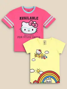 Kids Ville Girls Pack Of 2 Pink & Yellow Hello Kitty Printed Pure Cotton T-shirt