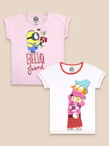 Kids Ville Girls Pack Of 2 White & Pink Minions Printed Pure Cotton T-shirt