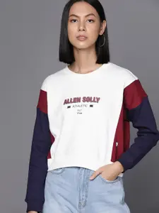 Allen Solly Woman White & Maroon Brand Logo Printed Sweatshirt