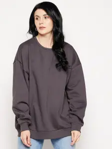 EDRIO Women Charcoal Oversized Fleece Sweatshirt