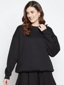 EDRIO Women Black Oversized Fleece Sweatshirt