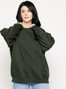 EDRIO Women Green Oversized Fleece Sweatshirt