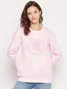 EDRIO Women Pink Round Neck Fleece Sweatshirt