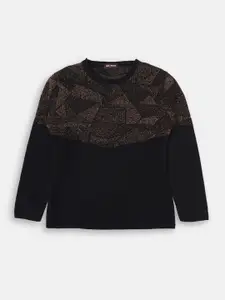 TRE&PASS Girls Black & Brown Colourblocked Woolen Winter Pullover