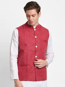 DEVOILER Men Red Solid Cotton Blend Nehru Jackets