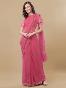 Sangria Pink Embroidered Net Ruffled Saree