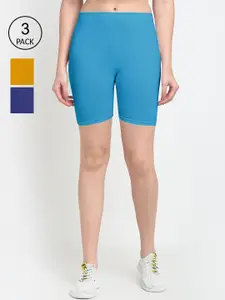 GRACIT Women  Pack Of 3 Blue Mustard Yellow Cycling Sports Shorts