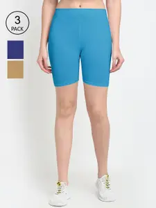 GRACIT Women Pack Of 3 Blue & Mustard Cycling Sports Shorts