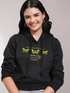 Tokyo Talkies Women Black Printed Hooded Sweatshirt
